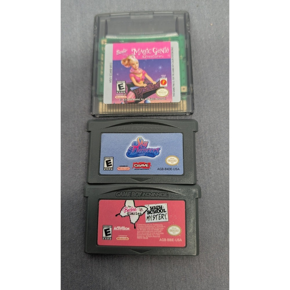 Nintendo Color 3 Game Lot Barbie Magic Genie GBC, Sky Dancers GBA, Barbie HS GBA